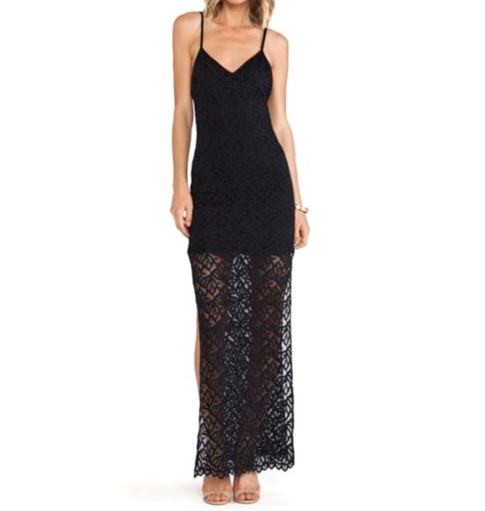FOR LOVE AND LEMONS | Mi Amore Black Lace Maxi Dress gown with leg slits | Small